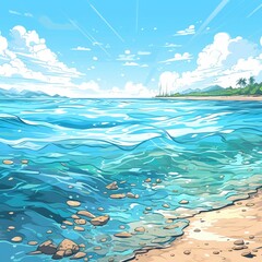 Fototapeta na wymiar Ocean wave background and beautiful seascape with sun and clouds. Vector illustration in cartoon style