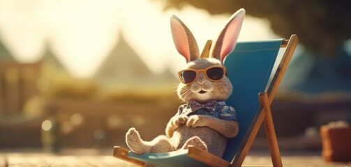 rabbit with glasses resting on a deckchair on the beach. Created with Generative AI.