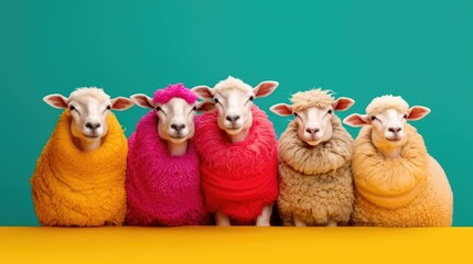 Sheep in a group wit colourful dress , banner copy space. ai generative