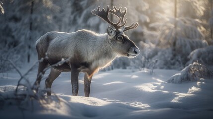 Obraz premium reindeer in the snow. Cartoon animation style. Created with Generative AI.