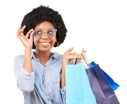 Shopping bags, excited and a woman or happy customer thinking of sale, discount or promotion. Black female person isolated on a transparent, png background with sunglasses, retail or wow surprise - Powered by Adobe