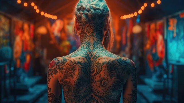 rear view of young woman with tattooed back. Created with generative AI.
