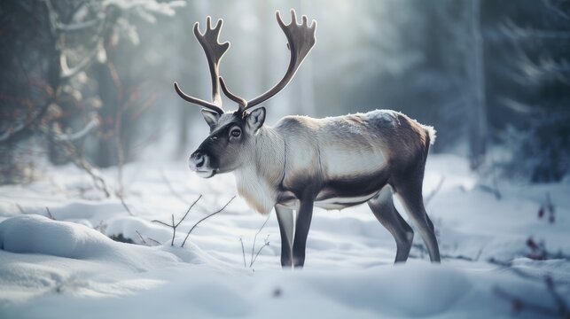reindeer in the snow. Cartoon animation style. Created with Generative AI.