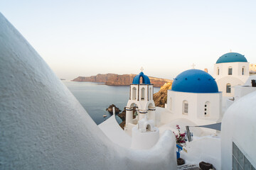 Details of Oia village white and blue architecture in Santorini Island.
