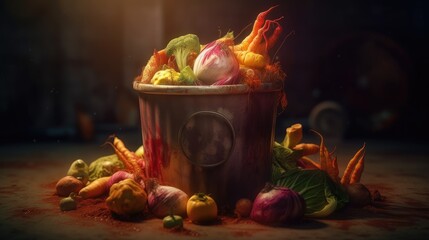 food waste collected in recycling compost pot.  Created with Generative AI.