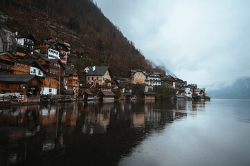 Fototapeta na wymiar View of Hallstatt village and lake in spring. Travelling and tourism concept