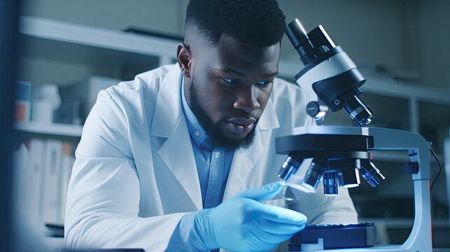 Portrait of Black Male Scientist Looking Under Microscope Does Analysis of Test Sample. Medical Science Laboratory. Generative Ai