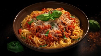 spaghetti with tomato sauce and basil. Created with generative AI.