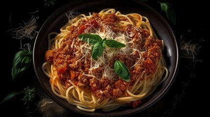 spaghetti with tomato sauce and basil. Created with generative AI.