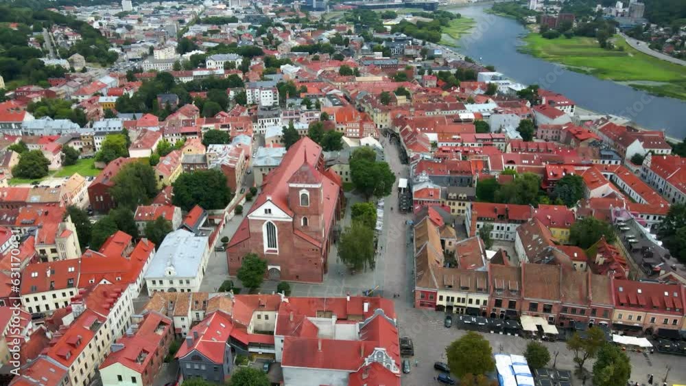 Poster Drone shot over Kaunas town hall with a town view and red houses