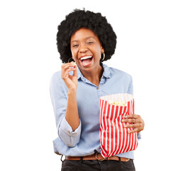 Funny, comedy and black woman with popcorn in portrait for movie, streaming or cinema. Face, laugh...