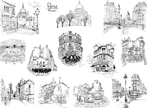Set of Vector black and white hand drawings. Typical parisain landmarks, house, cafe and lanterns, Paris, France.