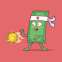 Money Bill launching a coin as a superpower vector illustration. Finance, videogame, money design concept.