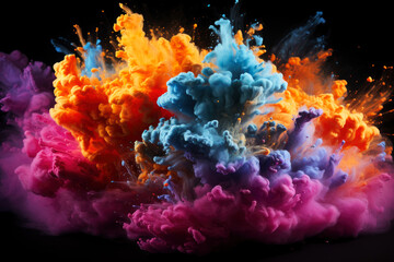 Multicolored powder, smoke and ink explode on a black background, colored abstract background
