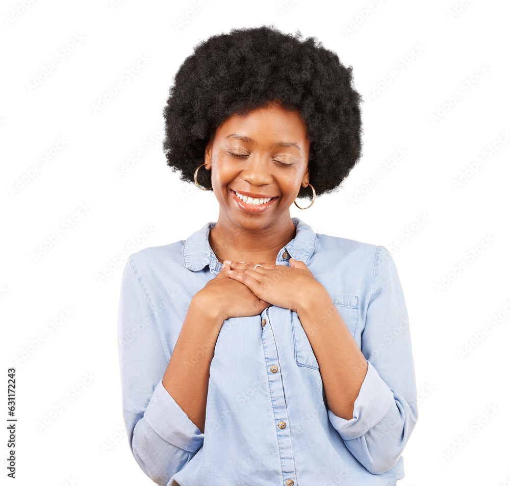 Sticker Happy, hug and peace with black woman and self love on png for care, confidence and pride. Smile, gratitude and acceptance with person isolated on transparent background for happiness and empowerment