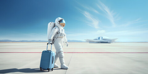 Astronaut with blue travel suitcase going along the runway for flight at the airport or spaceport, banner with copy space
