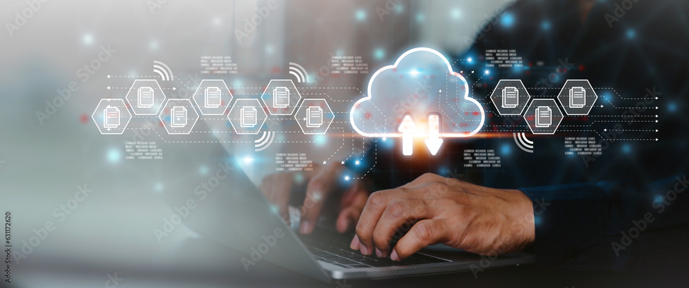 Poster database storage cloud technology file data transfer sharing, cyber, big data information for financ