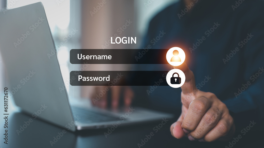 Poster businessman hand touch screen login username and password identity or sign up register concepts of c