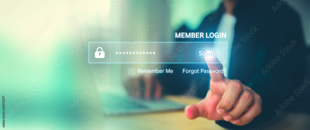 Poster businessman hand touch screen login username and password identity or sign up register concepts of c