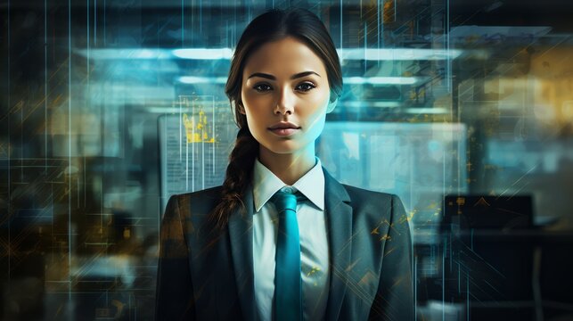 business innovation data technology business woman engineer communicate source code programing data virtual hud digital technology innovation touch screen interface hologram,ai generate