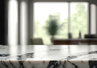 Empty White Marble Table in Bright Blurred Interior Background for Product Placement template and Mockup