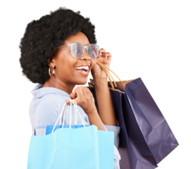 Smile, shopping bags and portrait of a woman or happy customer for sale, discount or promotion. Black female person isolated on a transparent, png background with sunglasses, retail or wow surprise
