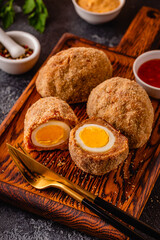 Traditional Scotch Eggs on a wooden board.