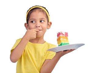 Girl, kid and eating rainbow cake, birthday and celebration with dessert isolated on png...