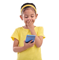 Phone, laughing and a child with a funny video or meme online. Technology, communication and face of happy girl kid with a smartphone for internet connection isolated on transparent, png background
