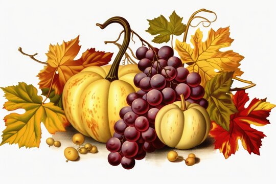 Pumpkin with grape on white background, Thanksgiving day