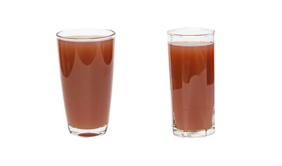 Brown mangosteen juice in tall two glass isolated on white background. Rich vitamin in anti-oxidants. Juice is made fruit and its seeds which are blended until smooth filtered and added honey. 