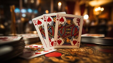 Poker playing cards on blurred background - obrazy, fototapety, plakaty