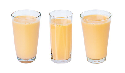 Lactic fermentation beverage light orange sour or yogurt taste in square, sphere glass tall three type isolated on white background. Fermented milk vitamin B2 low cholesterol Lactobacillus acidophilus