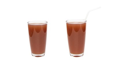 Juice Brown mangosteen in tall two glass type with plastic straw isolated on cut out PNG. Rich vitamin Contains antioxidants xanthones. Juice is made fruit which are blended until smooth filtered.