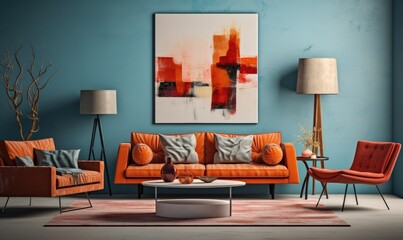 Modern living room with colorful wall and furniture. Light interior.