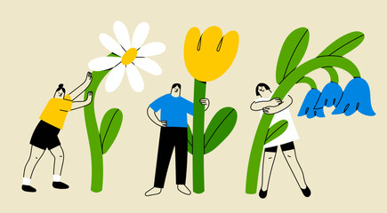 Various people with a giant Flowers. Young person holding flower. Cute funny isolated characters. Cartoon style. Hand drawn Vector illustration. Flower delivery service, florist, botanical concept - 631175074