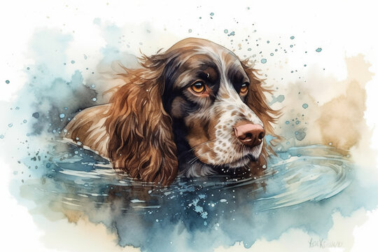 Watercolor illustration of spaniel swimming with drops and splashes of watercolor paint