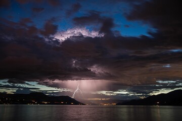 Stunning shot of a lightning storm over Okanagan Lake, British Columbia, Canada