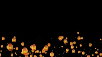 Dark sky filled floating lanterns night Flying Sky lanterns Chinese new year greetings Background. glowing stars flying chinese lucky lanterns. For festival invitation, birthday, party celebration.