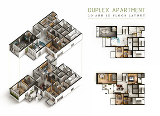 4 bedroom duplex apartment isometric view and 2d plan 3d rendering AI Generated