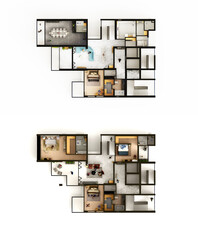 4 bedroom duplex apartment isometric view and 2d plan 3d rendering