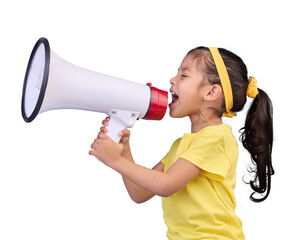 Voice, shout and child with megaphone for news, opinion and announcement at protest. Talking, speaking and girl kid with loudspeaker for communication or scream isolated by transparent png background - Powered by Adobe