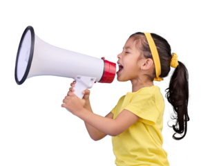 Voice, shout and child with megaphone for news, opinion and announcement at protest. Talking, speaking and girl kid with loudspeaker for communication or scream isolated by transparent png background