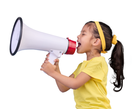 Voice, shout and child with megaphone for news, opinion and announcement at protest. Talking, speaking and girl kid with loudspeaker for communication or scream isolated by transparent png background