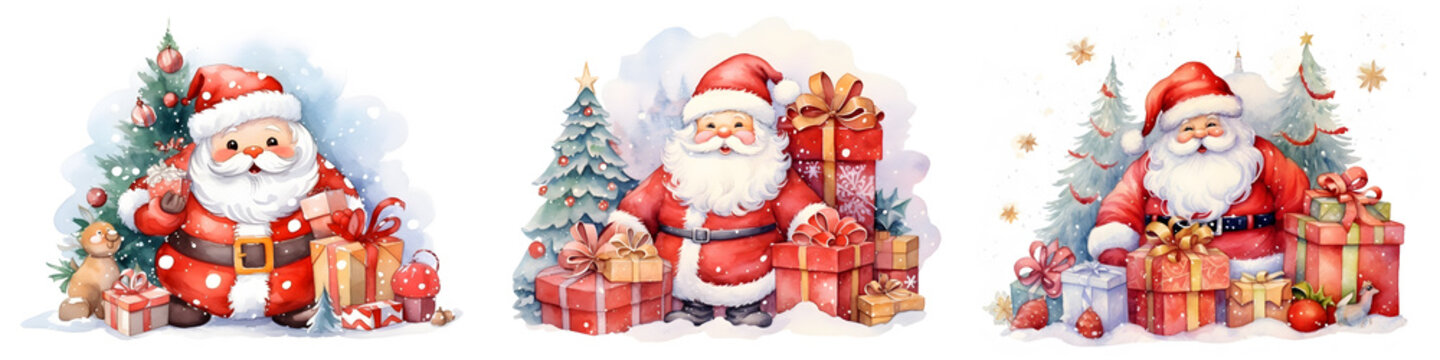Set of cute Santa Claus, christmas tree and gift box for merry christmas celebration on white background. Watercolor illustration background, Generative AI