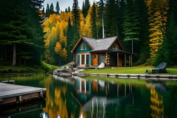 Obraz premium Beautiful house on the lake hidden in the trees by the Lake Ohara in Canada .