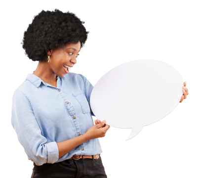 Speech bubble, news and happy black woman with space on isolated, transparent and png background. Social media, poster and African female show mockup for voice, vote or FAQ, opinion or comment quote