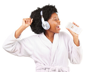 Black woman, singing and happiness in bathrobe with phone isolated on a transparent PNG background....