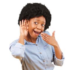 Surprise, gossip and black woman listening, isolated on transparent png background with wow or wtf...
