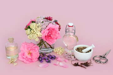 Calming flowers and herbs with valerian root, rose, elder, passion and lavender flowers used in...